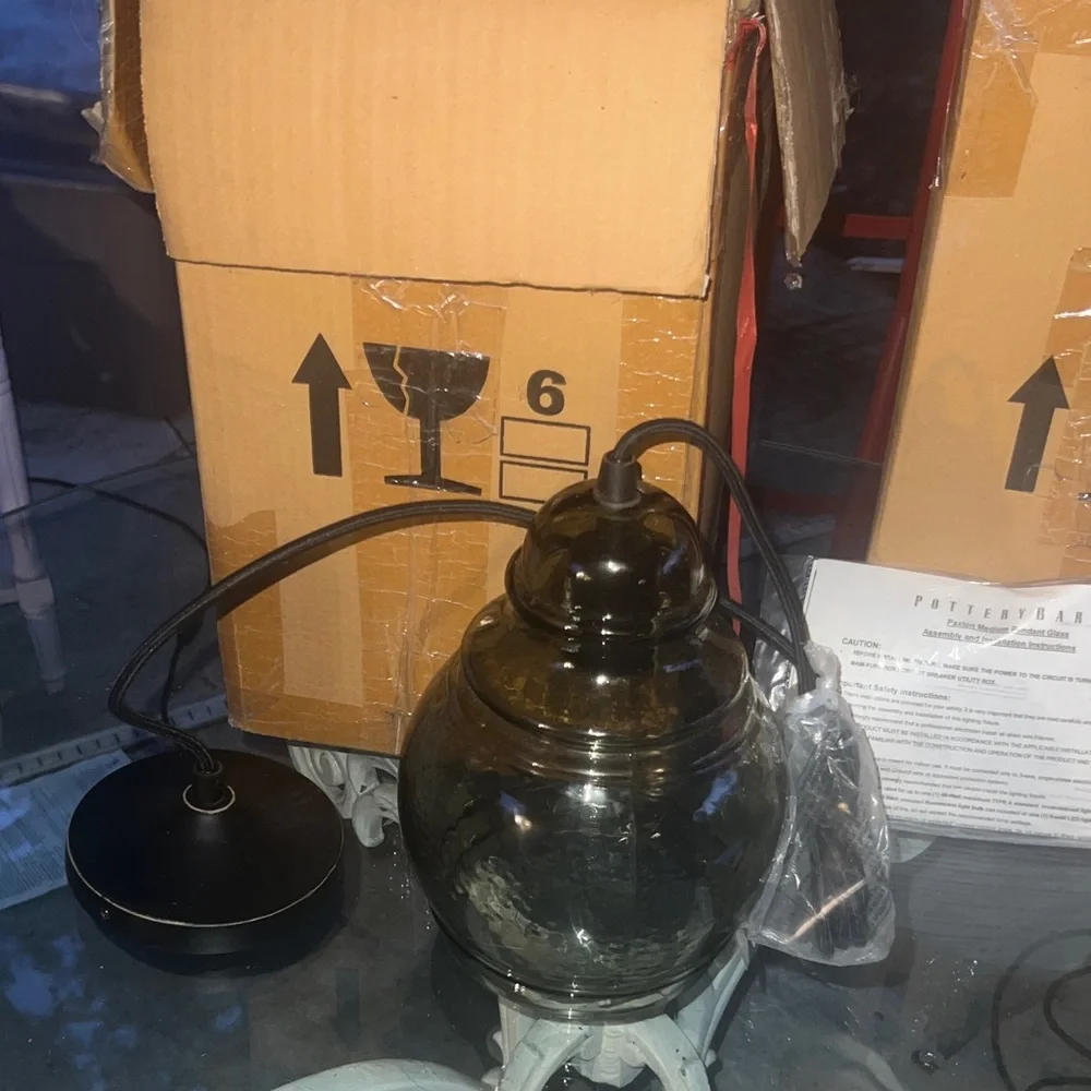 New in Box Pottery Barn Paxton Medium Smoky Glass Pendant Light in Dark Gray